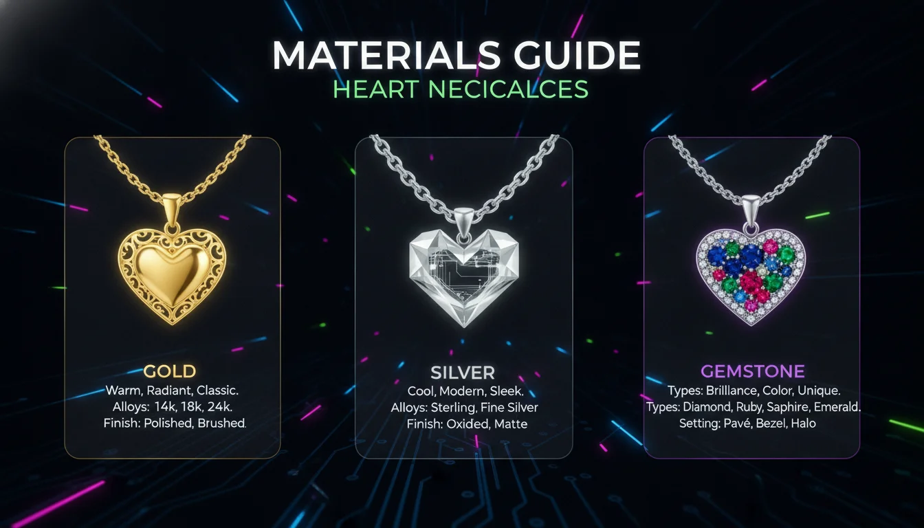 Visual guide to Materials Guide: Gold, Silver, and Gemstone Heart Necklaces