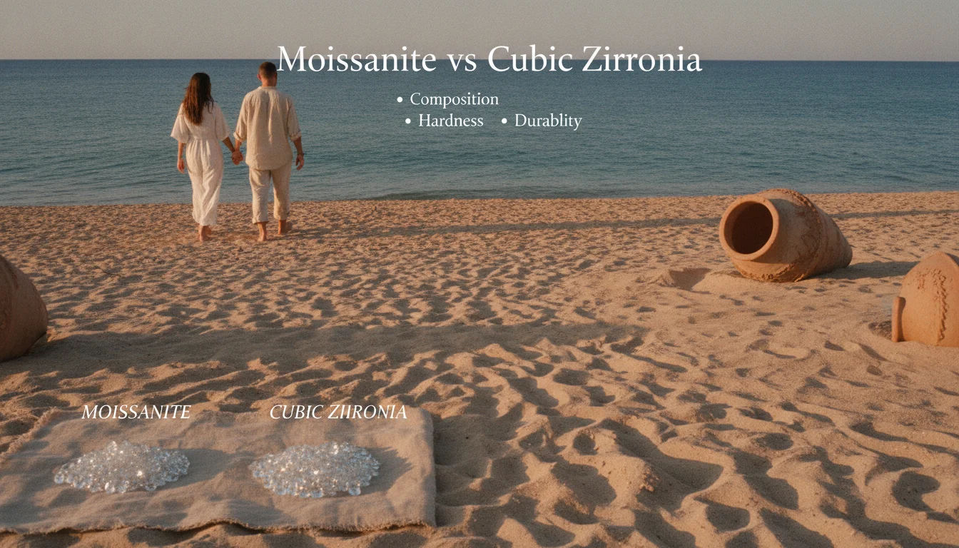 Concept illustration for Moissanite vs Cubic Zirconia: Composition, Hardness, and Durability